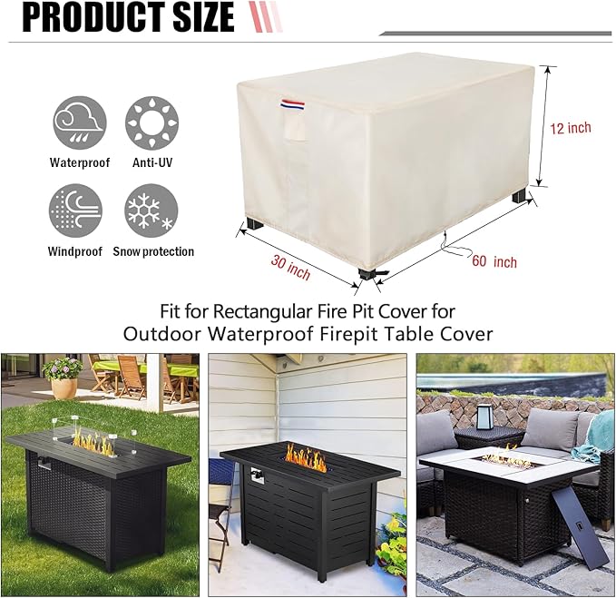 Youlvy Fire Pit Cover Rectangular 60 Inch - Waterproof Outdoor Fire Table Cover Rectangle Heavy Duty, 600D Patio Propane Gas Firepit Cover Rectangular Tear Weather Resistant - 60 x 30 x 12 Inch Beige