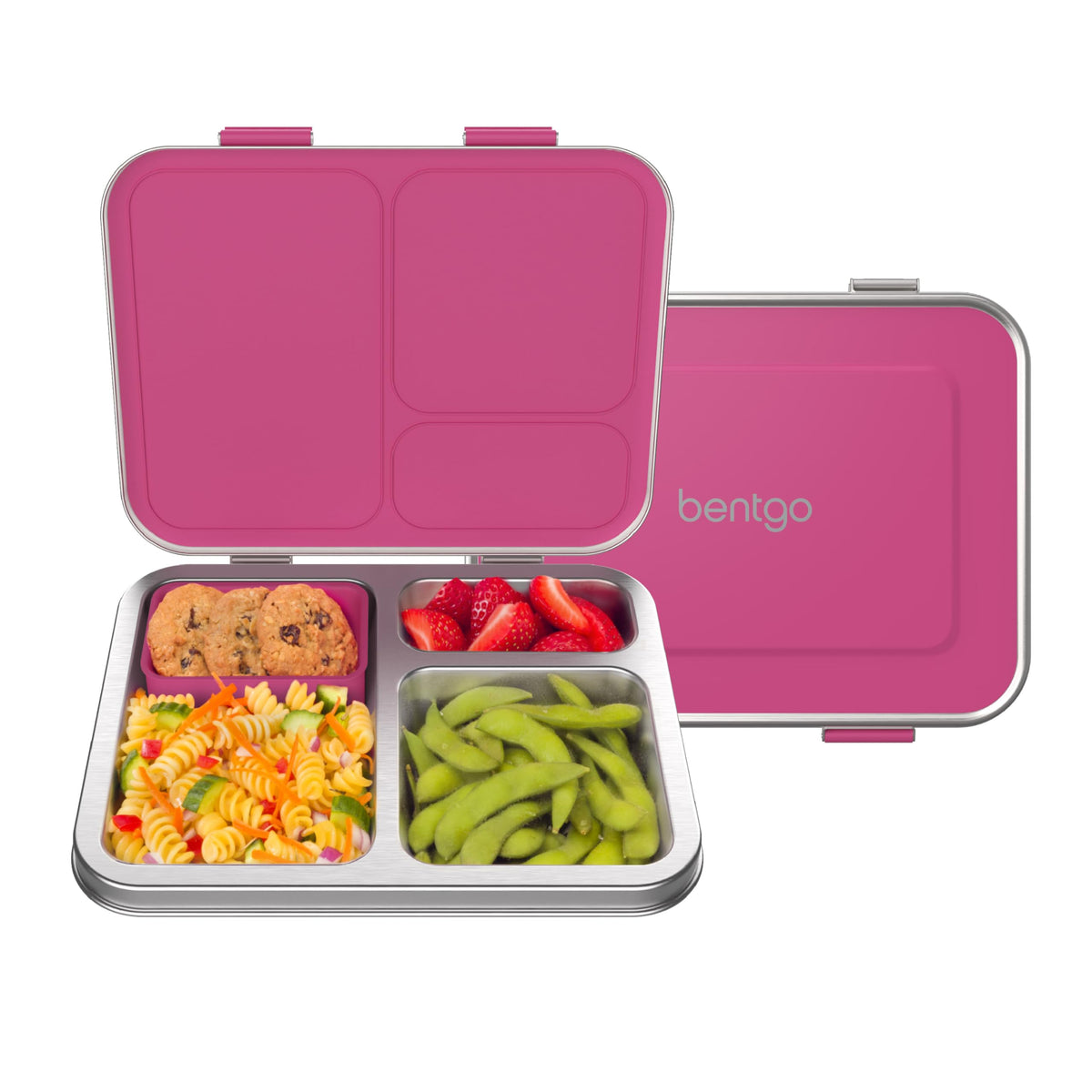 Bentgo Kids Stainless Steel Leak-Resistant Lunch Box - 3-Compartments with Bonus Silicone Container, Durable, Eco-Friendly, Dishwasher Safe, BPA-Free, Ideal for School, Ages 3+ (Fuchsia)