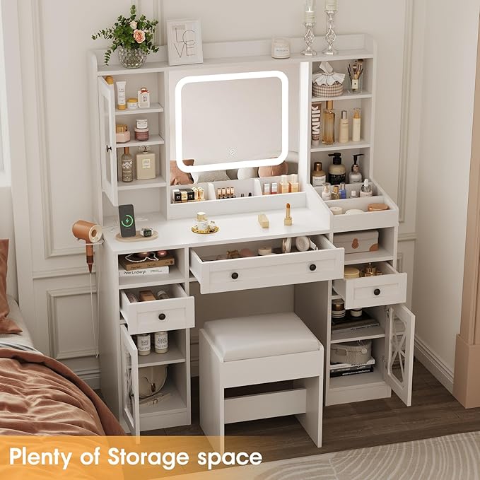 44.5" W Large Vanity Desk with Mirror,Cushioned Stool Makeup Vanity Table Set with Adjustable LED Lights and Power Outlet,Storage Drawers,Shelves for Bedroom Dressing Room White