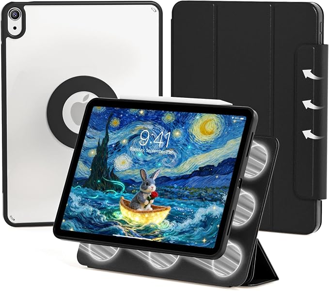 kenke Hybrid Case for iPad A16 11th Gen 11''/10th Gen 10.9'' Black | Detachable Magnetic Portrait/Landscape Stand Cover Magnetic Rotating Hard Clear PC Back Auto Wake/Sleep Support Touch ID