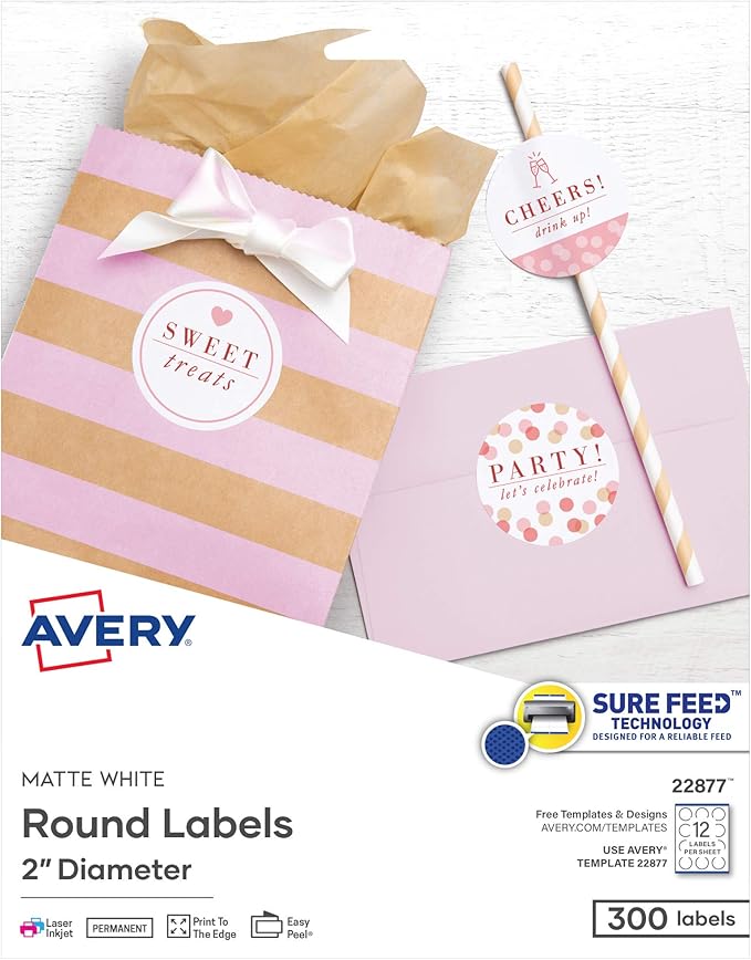Avery Printable Round Labels with Sure Feed Technology, 2" Diameter, Matte White, Laser & Inkjet Compatible, 300 Blank Labels Total, Great for Branding, Packaging, Events, and More (22877)