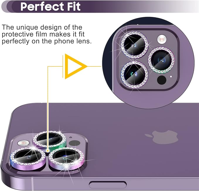 Suoman for iPhone 14 Pro Max / 14 Pro Camera Lens Protector [Diamonds Bling] 9H Tempered Glass Full Coverage Metal Protective Cover - Diamond Black