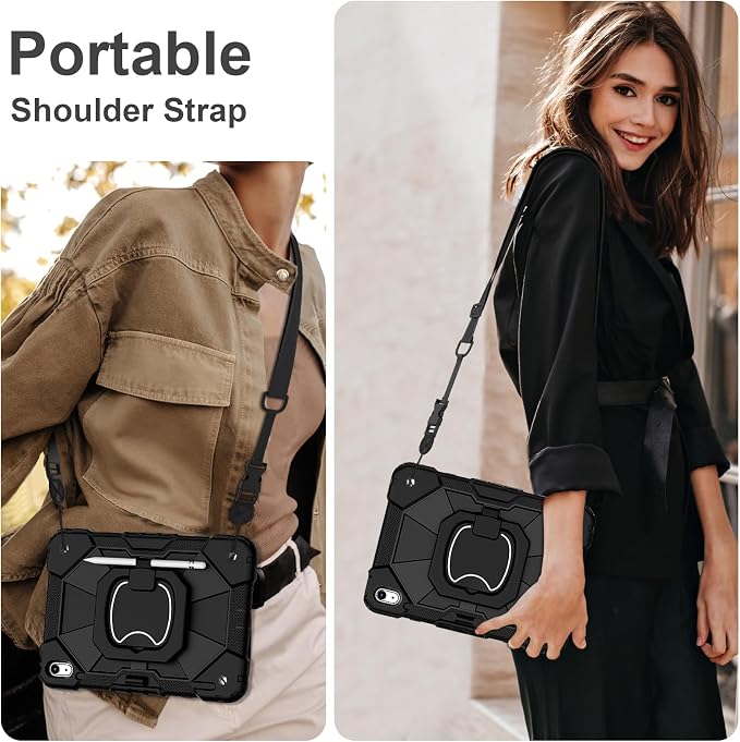 Scnioy Case for iPad (A16) 11th Generation 11 Inch (2025) / iPad 10th Generation Case 10.9 Inch (2022) with 360° Rotating Stand Screen Protector Pen Holder Shoulder Strap Black