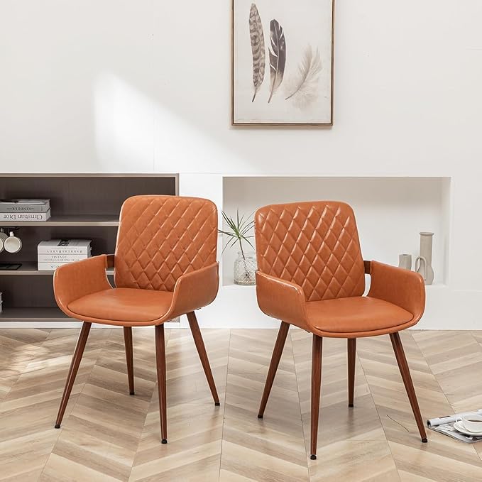 LUNLING Mid Century Modern Faux Leather Dining Room Chairs,Upholstered Seat Metal Legs Chairs Orange Faux Leather Kitchen Chair Reception Room Chair,1PCS