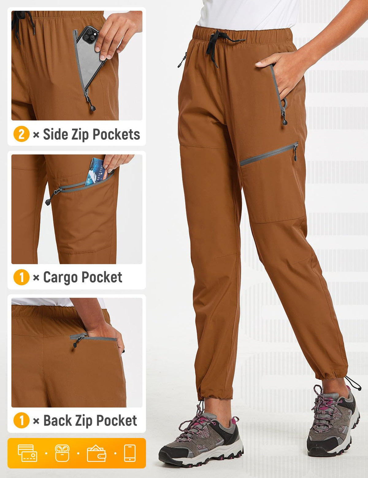 baleaf Travel Pants Women Hiking Long Tall Lightweight Quick Dry Water Resistant Cargo Pants 31'' Trip 31''-Caramel L