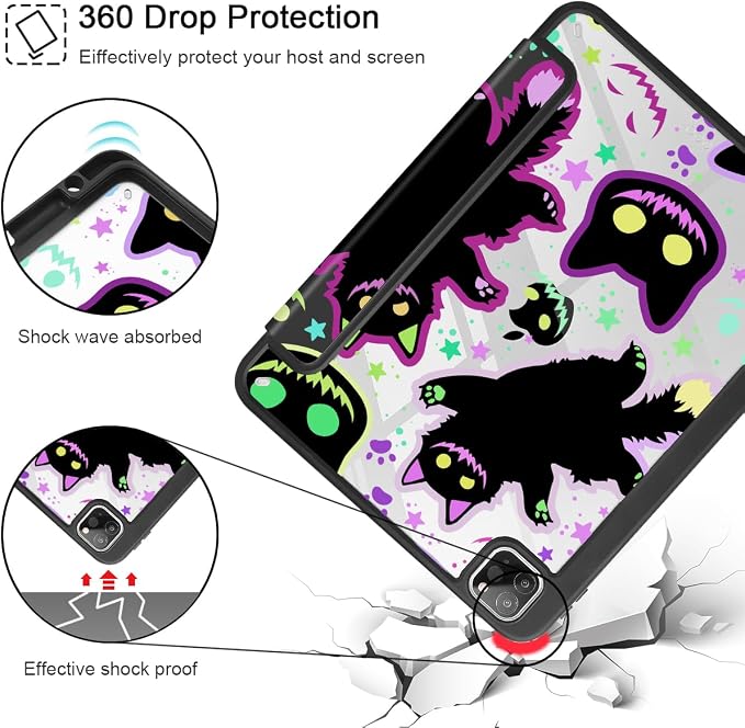 Case for iPad 12.9 Inch (6th/5th/4th/3rd Generation 2022/2021/2020/2018) Pencel Holder + Trifold Support Auto Sleep/Wake Transparent Shockproof Back Cover Abstract Floral SD163