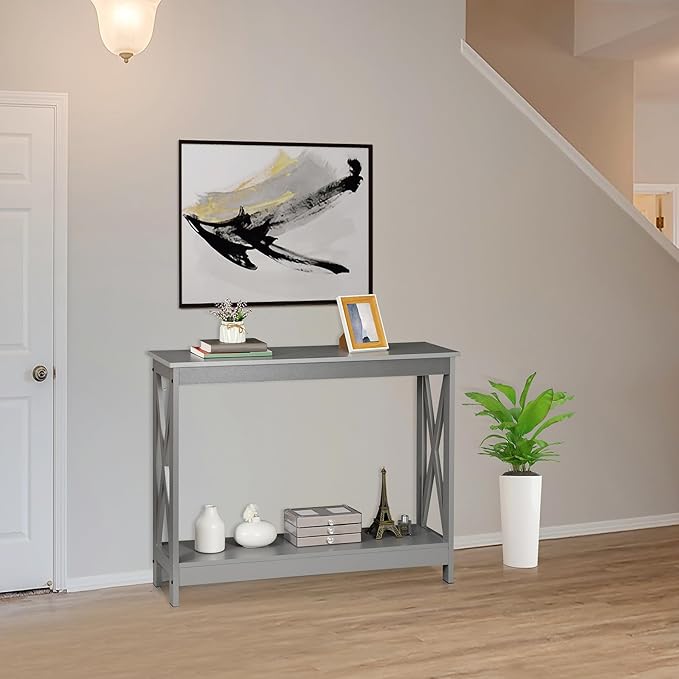 SUPER DEAL Console Table 39.5”, 2-Tier Narrow Sofa Side Table with Storage Shelf, Entrance Table for Hallway/Foyer/Living Room/Corridor/Office, Grey