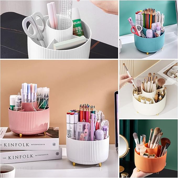 DASITON Large Capacity Makeup Brush Holder,360° Rotating Makeup Organizer,5 Slot Makeup Brushes Cup,for Vanity Decor,Bathroom Countertops,Desk Storage Container,Cosmetic Display cases(Pink)