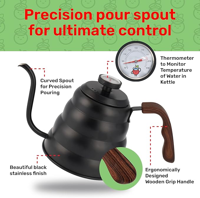 Captain Cranberry Gooseneck Kettle, Stovetop, Thermometer, Black, 40.6oz