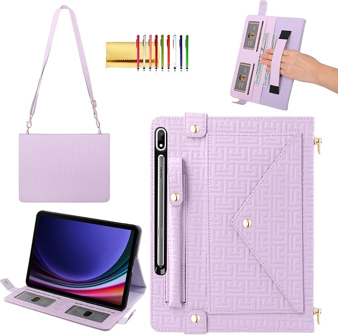 Handbag Case for Samsung Galaxy Tab S10 FE/S9 FE 10.9/S9/S8/S7 11 Techcircle Folio Stand Crossbody Wallet Protective Cover with S Pen Holder &amp Card Slots Hand Strap &amp Shoulder Strap Black