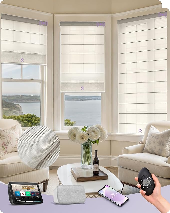 Graywind Smart Roman Shades 20% Blackout Compatible with Alexa Google Rechargeable Motorized Window Blinds Remote Control View Visible Plain Fold, Custom Size (Semi-Sheer Ecru)