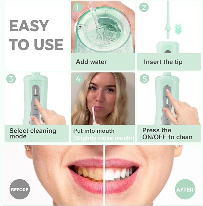 GOLDANT 350ML Water Dental Flosser Teeth Pick with Travel Bag, 5 Modes Portable Cordless Oral Irrigator Cleaner, Electric Rechargeable IPX7 Waterproof for Home Travel Teeth Cleaning flossing (Green)