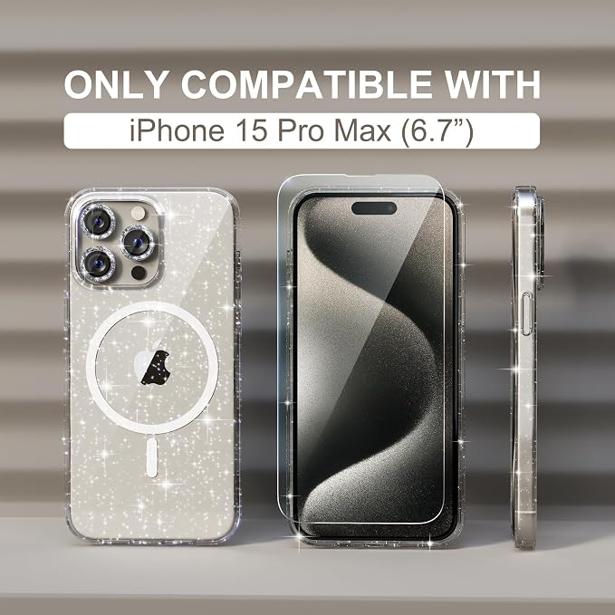 Choiche for iPhone 15 Pro Max Case Compatible with MagSafe Glitter Black | Women Girly Cute Glitter Sparkly Magnetic Phone Case with Diamond Camera Lens Protectors Military-Grade Drop Protection 6.7