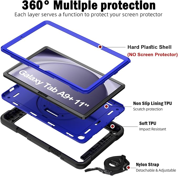 BMOUO for Samsung Galaxy Tab A9+ Plus Case 11 2023 (SM-X210/X216/X218) Shockproof Galaxy Tab A9 Plus Case with Rotating Stand and Hand/Shoulder Strap Black