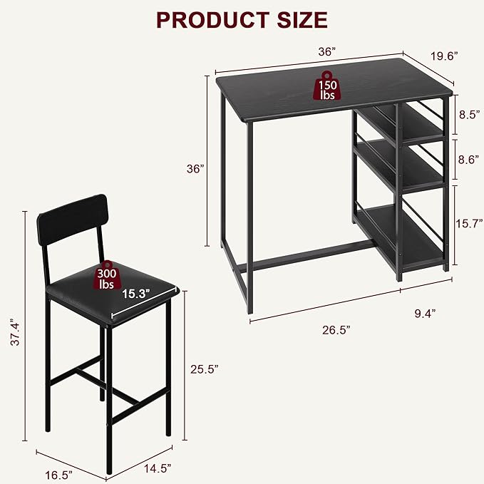 GAOMON Dining Table Set for 2, Kitchen Table and Chairs for 2 with Upholstered Chairs, 3 Piece Counter Height Bar Kitchen Table Set with 3 Storage Shelves for Small Space, Apartment, Rustic Black