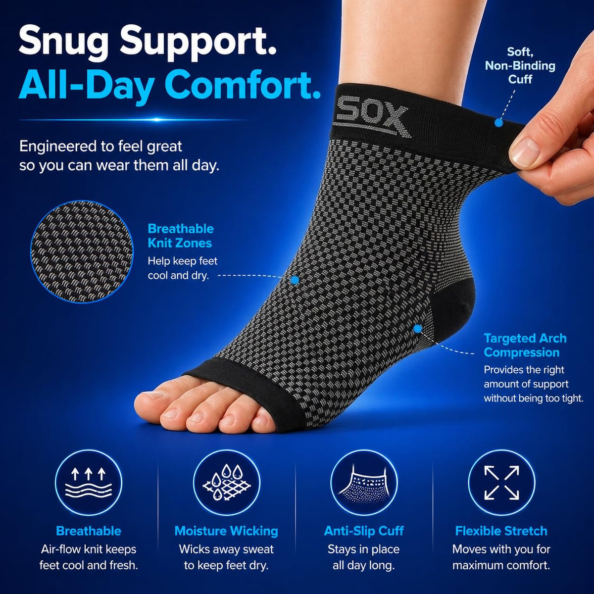 SB SOX Plantar Fasciitis Compression Socks – Arch Support Sleeve for Heel Pain Relief, Achilles Tendonitis & Foot Pain – Toeless Ankle Compression, All-Day Comfort (Gray, Medium)