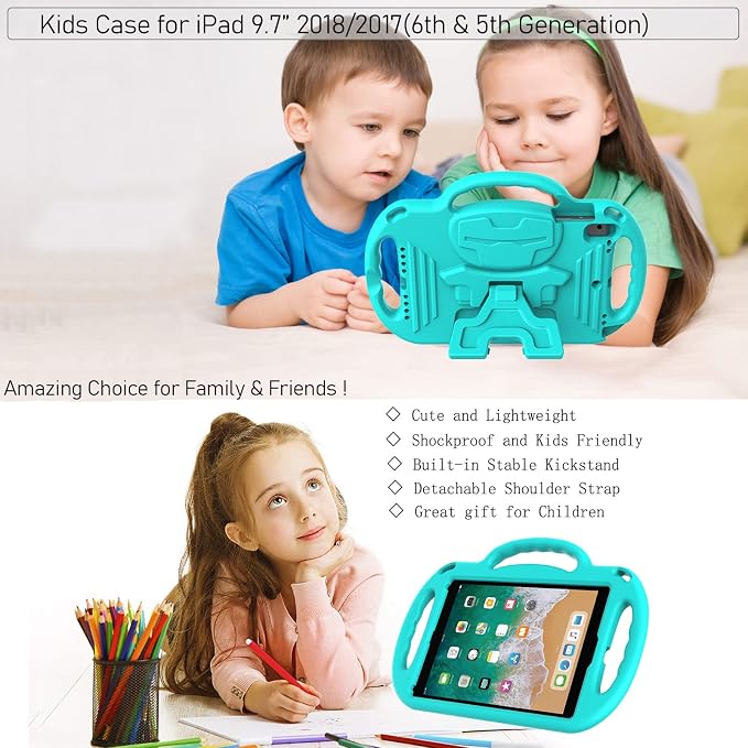 LTROP Kids Case for iPad 5th/6th Generation (2017/2018) &amp Air 2 Shoulder Strap Handle Stand Shockproof Bumper Cute Kid Case for iPad 9.7 Inch Black