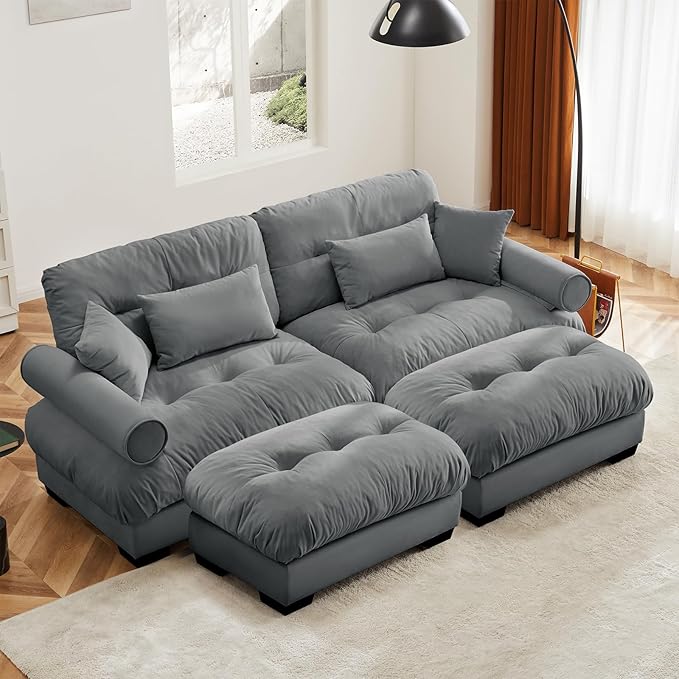 93.7” Oversized Grey Velvet Loveseat Sofa, Deep Seat 2-Seater Modular Sectional Couches for Living Room with 2 Ottoman, Cloud Home Sofas Set, Love Seat Couches