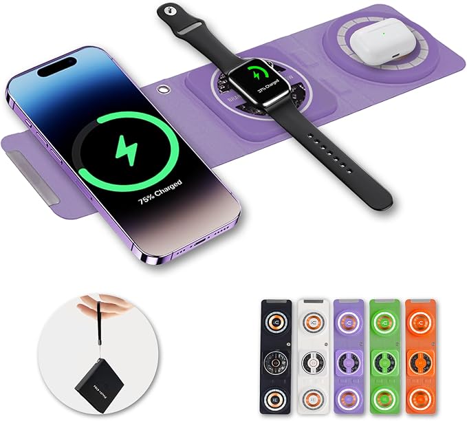 Fold 'N Style 3-in-1 Foldable Magnetic Wireless Charger Keychain 15W Travel Fast Charger for iPhone 15/14/13/12 Pro/Max/Plus Apple Watch AirPods Samsung Galaxy/Note Charge 2 Phones Simultaneously