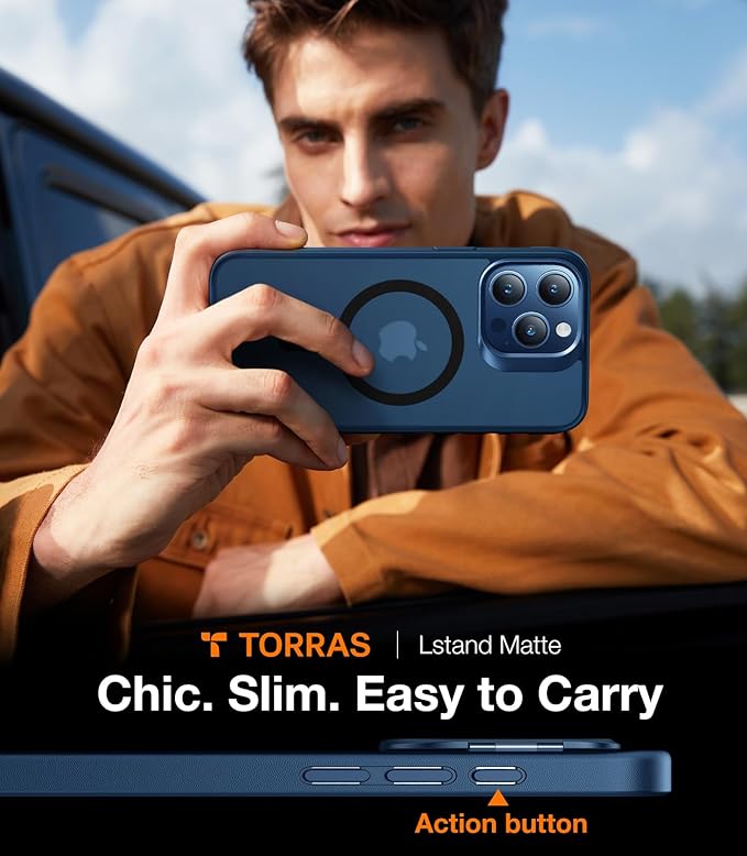 TORRAS Magnetic for iPhone 15 Pro Case, Compatible with MagSafe, Invisible Camera Kickstand, Military-Grade Shockproof Translucent Anti-Scratch Hard Back and Soft Edge Phone Case, Navy Blue