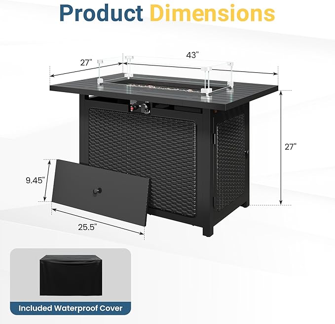 FansaFurn Black Propane Fire Pit Table, 50000 BTU Gas Fire Pits Table with Removable Lid and Lava Rock, Rectangular Fire Table with Cover, Ideal for Dining or Party on Patio, 43'', Garden, Yard