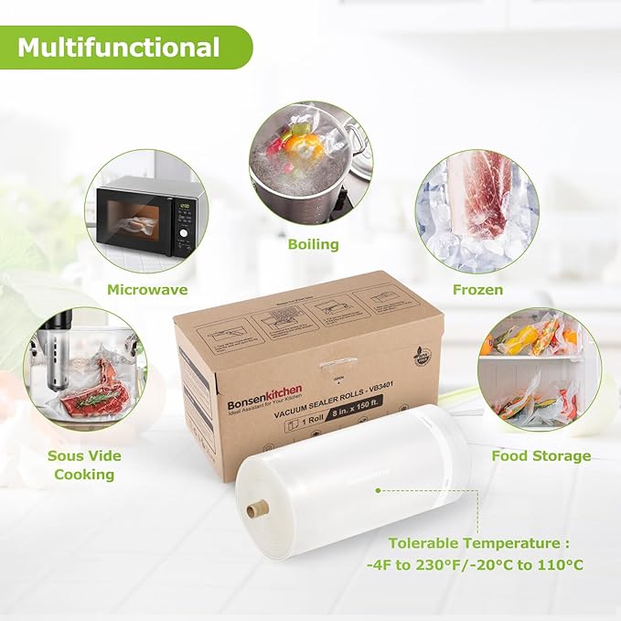 [2025 New] Bonsenkitchen 8” x 150’ Vacuum Sealer Bags Rolls with Cutter for Food Storage, Commercial Grade, BPA Free, Great for Meal Prep and Sous Vide Cooking