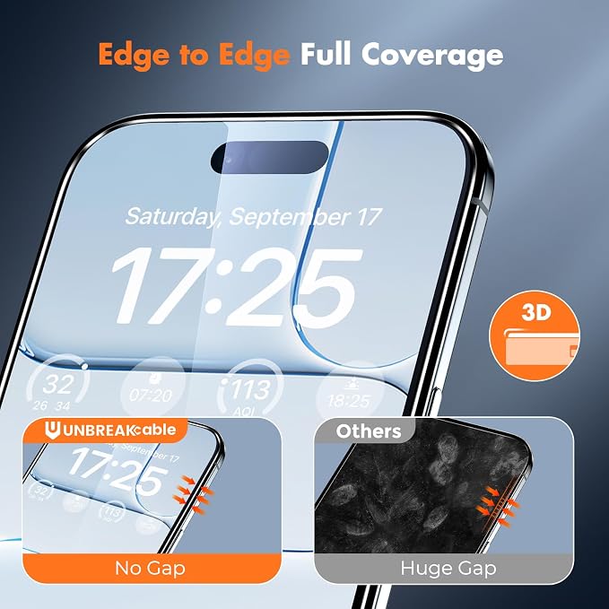 UNBREAKcable 3-Pack Screen Protector for iPhone 15 Double Shatterproof Tempered Glass [Easy Installation Frame] [99.99% HD Clear] [9H Hardness] [Full Coverage] [Case Friendly] for Apple 15 6.1 inch
