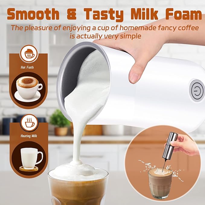 Seydere Simple Milk Frother, 2 in 1 Milk Steamer and Frother, Electric Milk Steamer, Milk Warmer and Hot Milk Foam Maker for Latter, Macchiato, Cappuccinos (White)