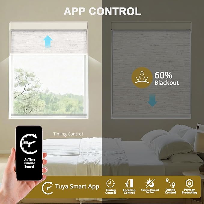 COOLWINDS Motorized Blinds with Remote Cordless Automatic Motorized Shades Custom Blinds for Windows Smart Curtains Compatible with Alexa Google Home(Light Filtering Linen Sandy Beach,W70 x H72in)