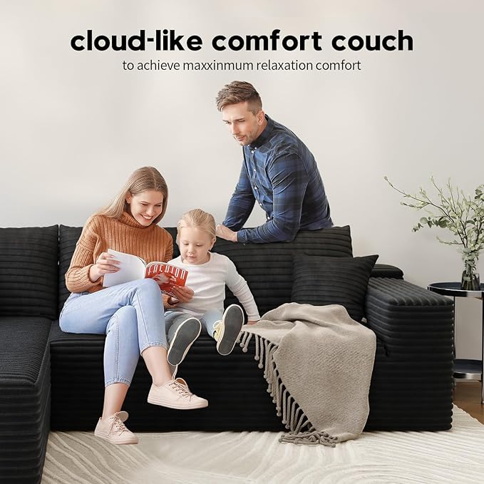 107.5" Cloud Modular Sectional Sofa with 1 Ottoman,Modern Minimalist Upholstered Couches, Comfort U Shaped Sofa for Living Room,Deep Seat Corner Couch，No Assembly Required (Black,Right Facing Chaise)