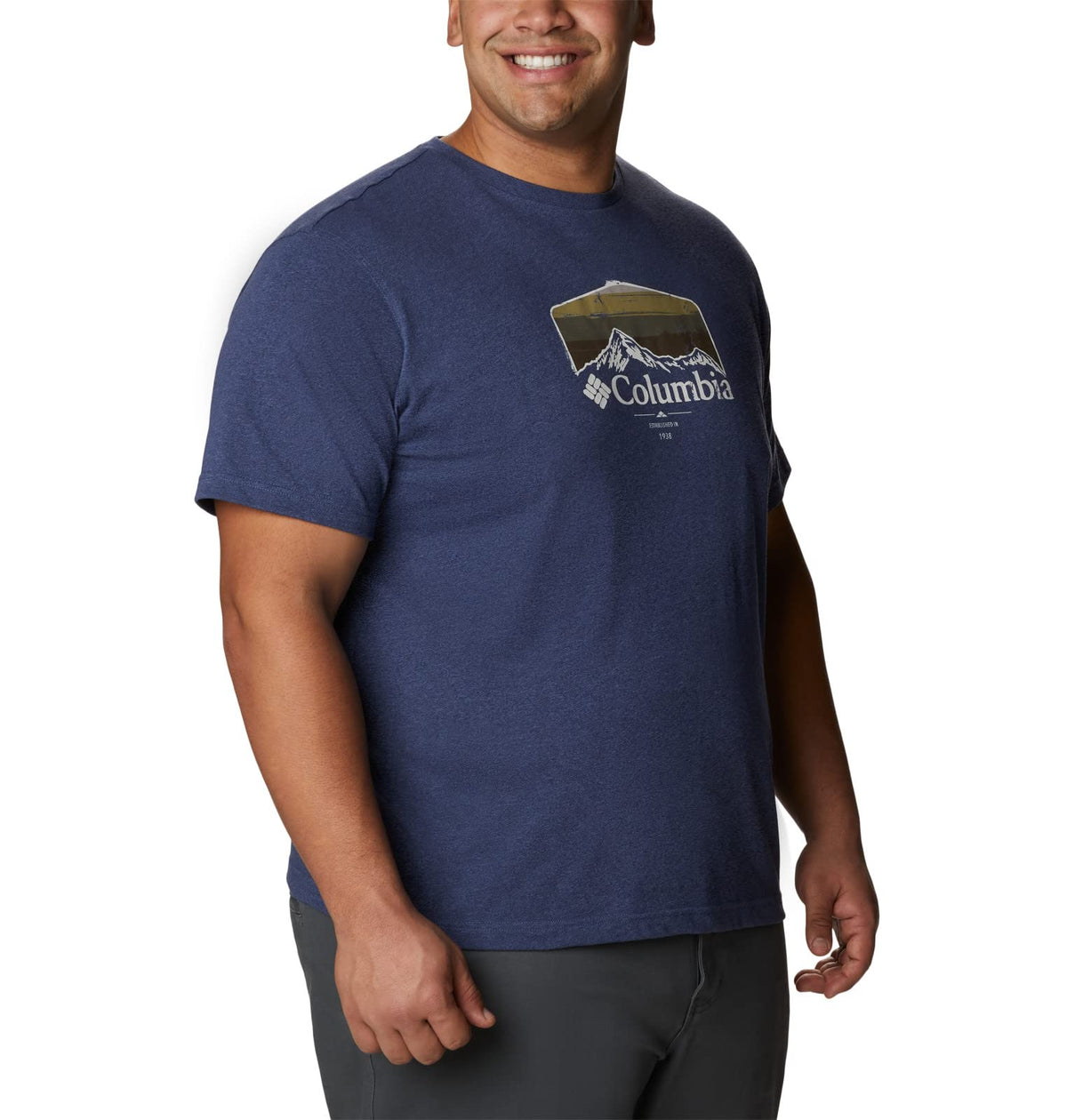 Columbia Men's Thistletown Hills Graphic Short Sleeve, Dark Mountain Heather/Hikers Graphic, Medium