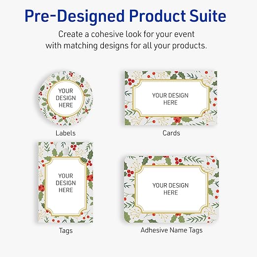 Avery Printable Christmas Adhesive Name Badges, Rectangle, 2-1/3" x 3-3/8", Pre-Printed Light Blue Border with Metallic Gold Frame Design, Matte White, Laser & Inkjet Compatible, 80 Total