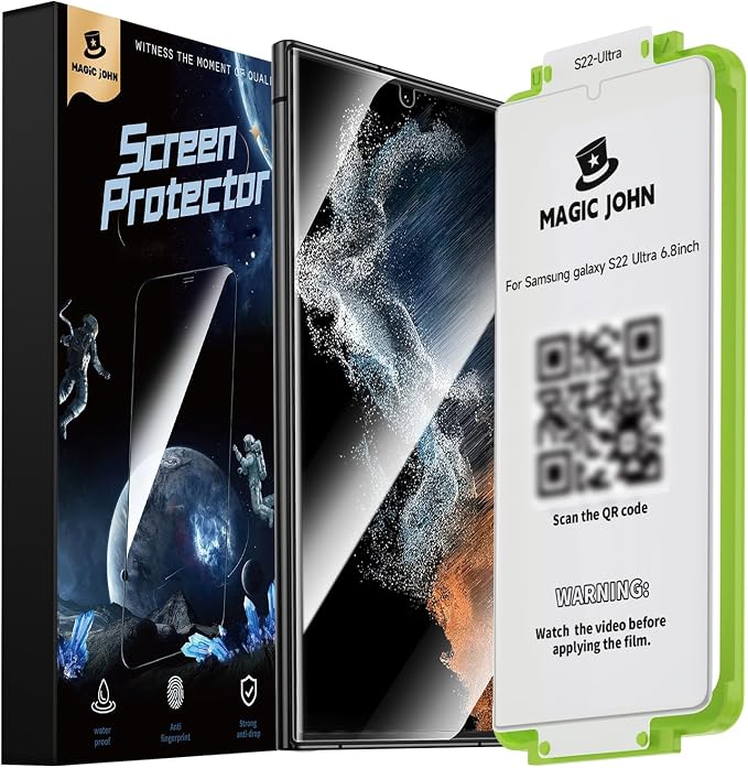 MAGIC JOHN 2 Pack for Samsung Galaxy S22 Ultra Screen Protector [PET Ceramic film] Not Glass 6.8 inch[100% Fingerprint ID Compatible] Easy Installation Tray 3D Curved Bubble Free Scratch Proof HD