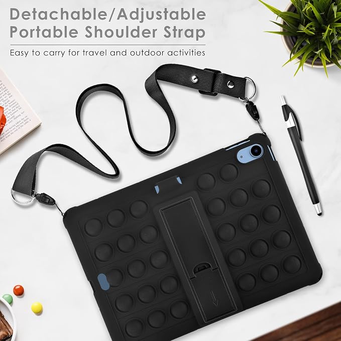 DETUOSI Silicone Case Compatible with iPad (A16) 11th Generation 11 Inch 2025 for iPad 10th Gen 10.9 Soft Case with Shoulder Strap &amp Stylus Pen Multi-Viewing Angles Black