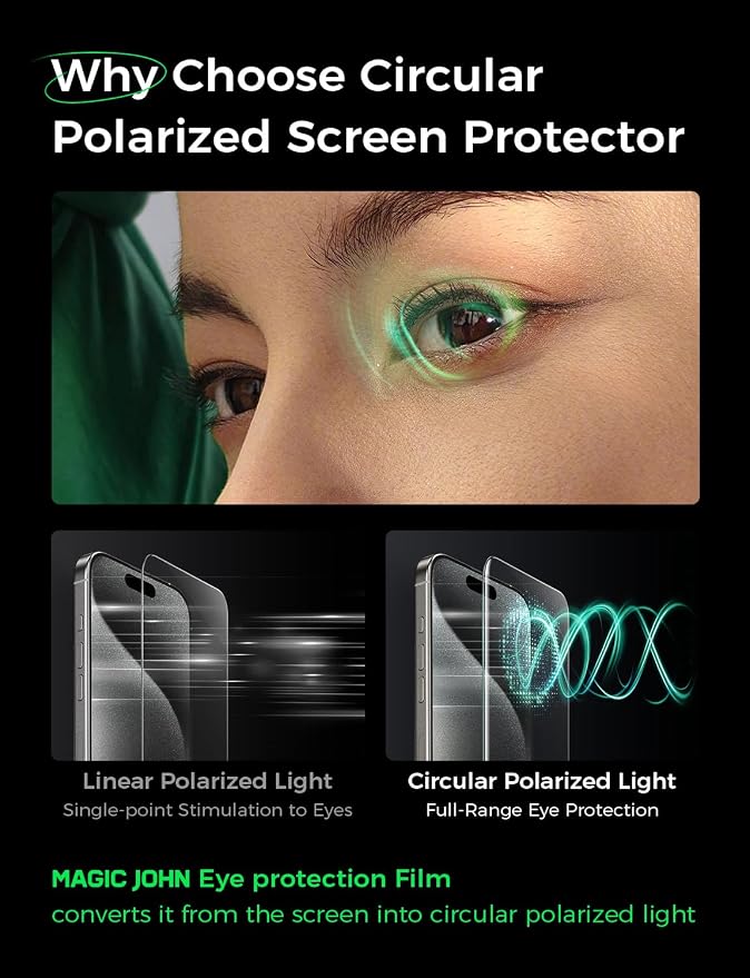 MAGIC JOHN 2 Pack for iPhone 15 Pro Screen Protector Eye Protection | HD Clear Auto Dust-Elimination 9H Tempered Glass &amp Scratch Resistance Full Edge Coverage