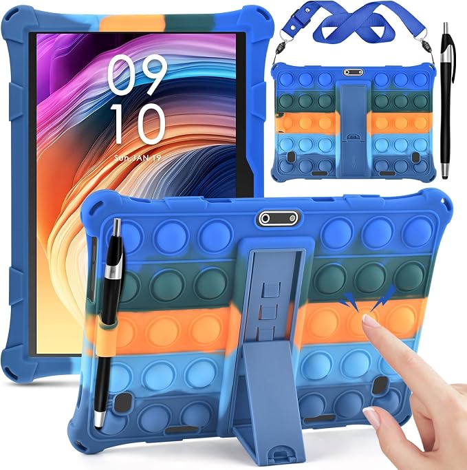 DETUOSI Silicone Case for 10.1 inch Tablet Multi-Angle Case Black | with Shoulder Strap and Stylus Pen Adjustable Stand Built-in Pen Holder Funny Protective Cover for 10.1 inch Tablet