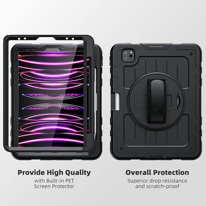 iPad Pro 11 inch Case with Rotating Stand &amp Shoulder Strap Heavy Duty Shockproof Cover with Pencil Holder for iPad Pro 11-inch 4th/3rd/2nd/1st Gen (Black)