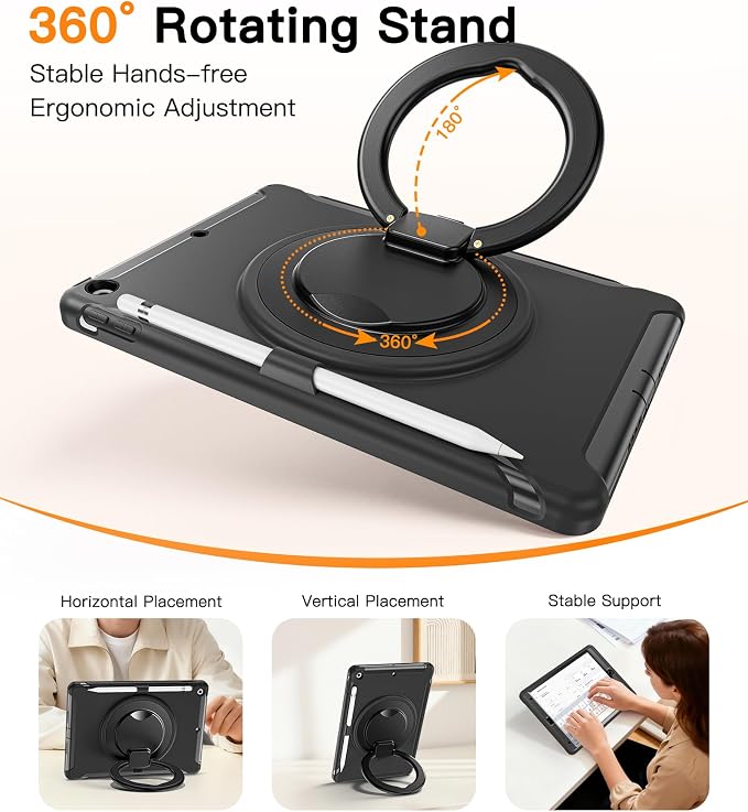 BATYUE Shockproof Case for iPad 9th 8th 7th Gen 10.2 Inch Black | 3in1 PC+TPU Heavy Duty 360° Rotatable Ring Stand for Grip Carry Hang &amp Multi-Angle View Screen Protector Pencil Holder