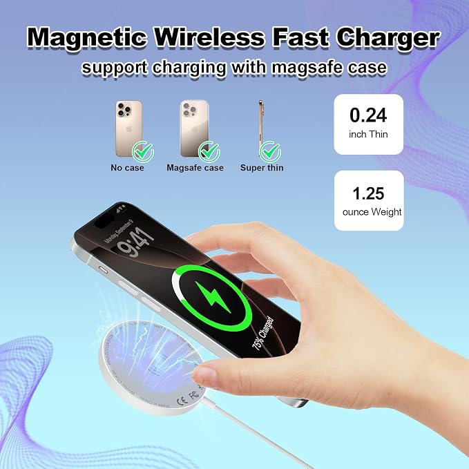 Apple MagSafe Charger 15W Magnetic Wireless Charger for Apple iPhone | iPhone Wireless Charging Pad 6ft Magnetic Charger for iPhone 17 16 15 14 13 12 11 Pro Max Plus/AirPods 2 3 4 Pro 2 3 [2 Pack]