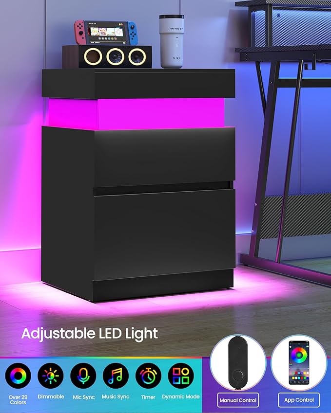VASAGLE Kailyn Collection - Nightstand with Power Outlets, Sliding Lid, Modern Bedside Table with LED Lights, End Table, 2 Drawers, 15.7 x 18.9 x 26.8 Inches, Ink Black ULET650BC01S