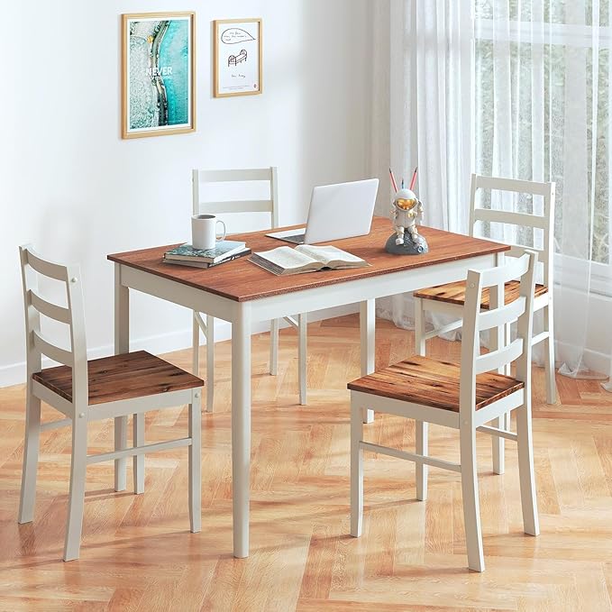 NAFORT Dining Table Set for 4, Solid Wood Kitchen Table and Chairs, Farmhouse Dinette Set w/Apron, Rubber Wood Legs, Mid-Century Modern Dining Room Table and 4 Chairs for Kitchen, Restaurant