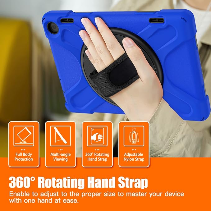 Rugged Case for Amazon-Kindle-Fire-HD-8 &amp 8 Plus Tablet (12th Generation 2022) 8“ w/ 360° Rotating Hands-Free Kickstand Full Body Armor Heavy Duty Shock-Proof Cover w/Hand/Shoulder Strap(Black)