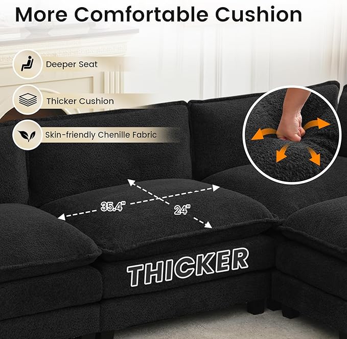 ROWHY Oversized Modular Sectional Couch with 2 Movable Ottoman, 148" Modern Convertible U Shaped Sofa Set, 4 Seat Comfy Cloud Couch with 2 Throw Pillows, for Living Room, Chenille, Black