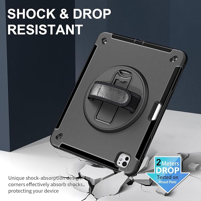 Junfire Protective Case for iPad Pro 11-inch M5/M4-Black | Hand Strap 360°Rotating Kickstand Carrying Shoulder Belt， Pencil Holder Shockproof Rugged