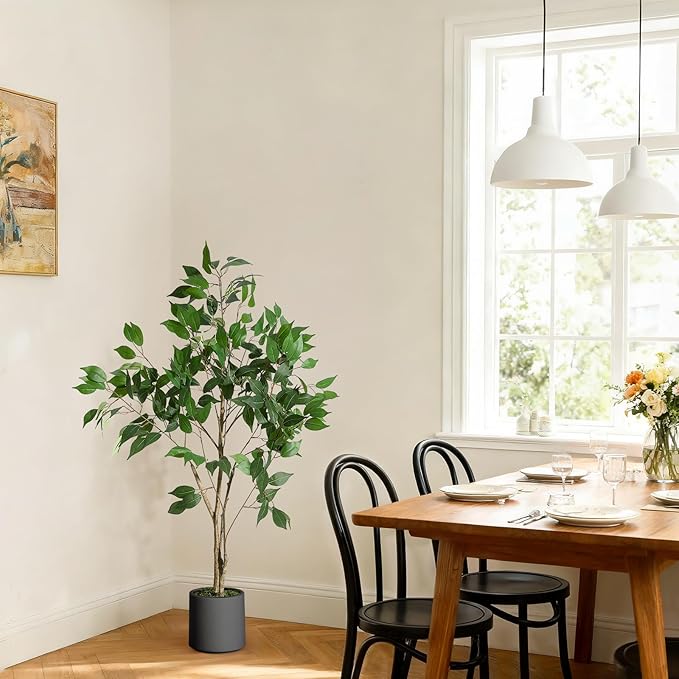 4FT Ficus Trees Artificial Indoor, Faux Silk Plant with Natural Wood Trunk and Lifelike Fruits, Black Imitation Ceramic Planter with Green Fake Moss for Modern Home Office Living Room Decor