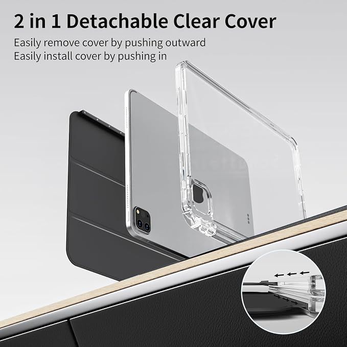 Case for iPad Air 13 Inch Case M4/M3/M2 (2026/2025/2024) Pro 12.9 Inch (6th/5th Gen 2022/2021) 2 in 1 Detachable Cover with Clear Hard Back Supports Touch ID Auto Wake/Sleep Black