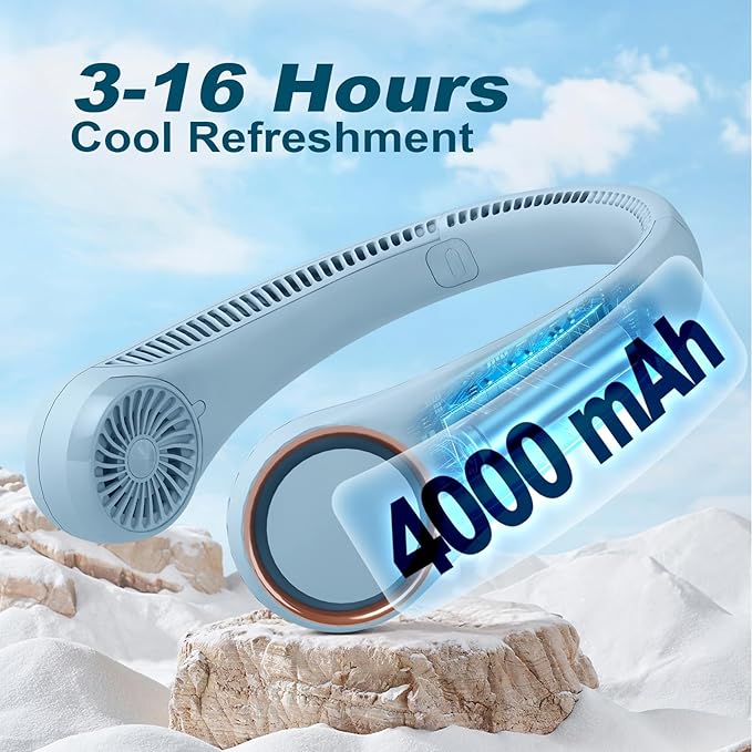CIVPOWER Neck Fan: Portable Personal Neck Cooling Rechargeable Bladeless Fan - Hands Free 3 Speed 4000 mAh Battery USB Operated Wearable Headphone Design - for Men Women Outdoor Indoor (Light Blue)
