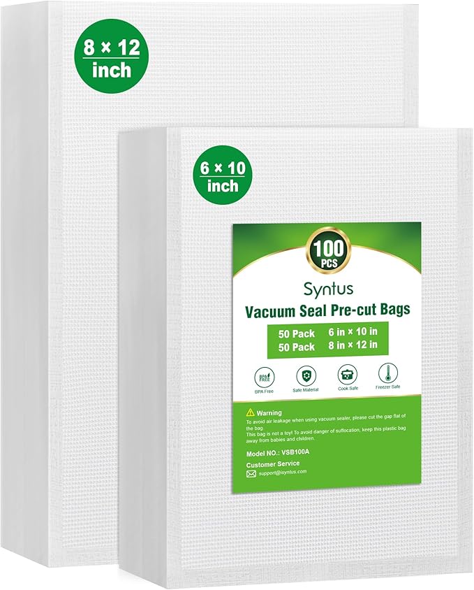 Syntus Vacuum Sealer Bags, 100 Quart 8" x 12" and Pint 6" x 10" Commercial Grade PreCut Bag, BPA Free Food Vac Bags for Storage, Meal Prep or Sous Vide