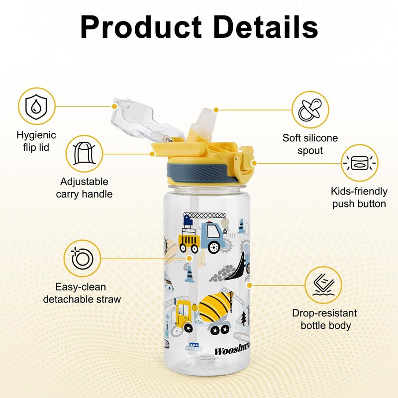 wooshwa Kids Water Bottle for School, 20 Oz Plastic Water Bottle with Silicone Spout and Pop-Up Cover, BPA Free & Dishwasher Safe (Excavator)