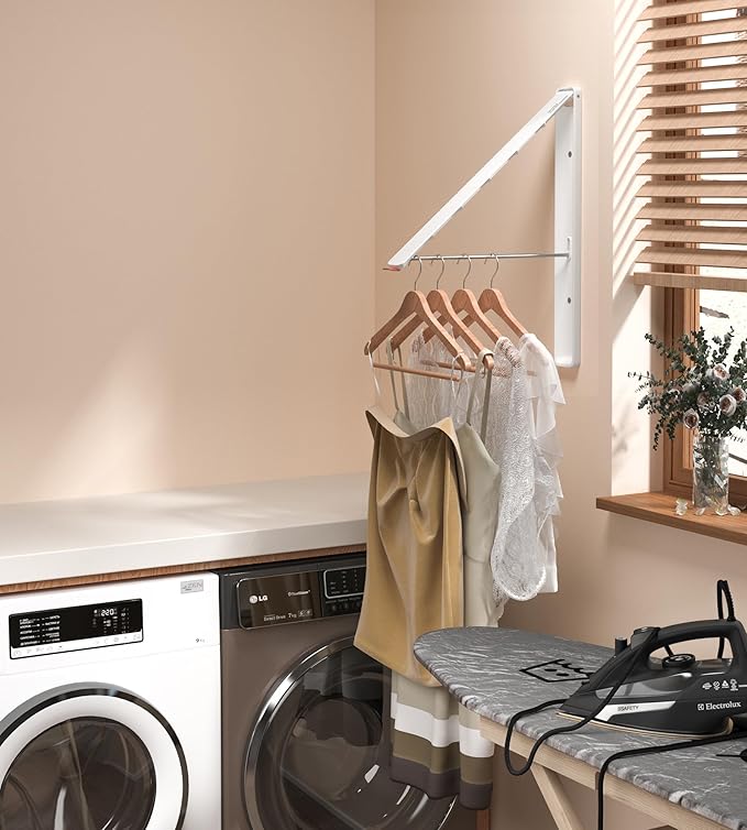 Dr.DJ Clothes Drying Rack, Wall-Mounted Retractable & Foldable Clothes Hanger for Laundry Room Organization and Storage, Clothes Hanger Rack for Dorm, Closet, Balcony(1 Pack, White)